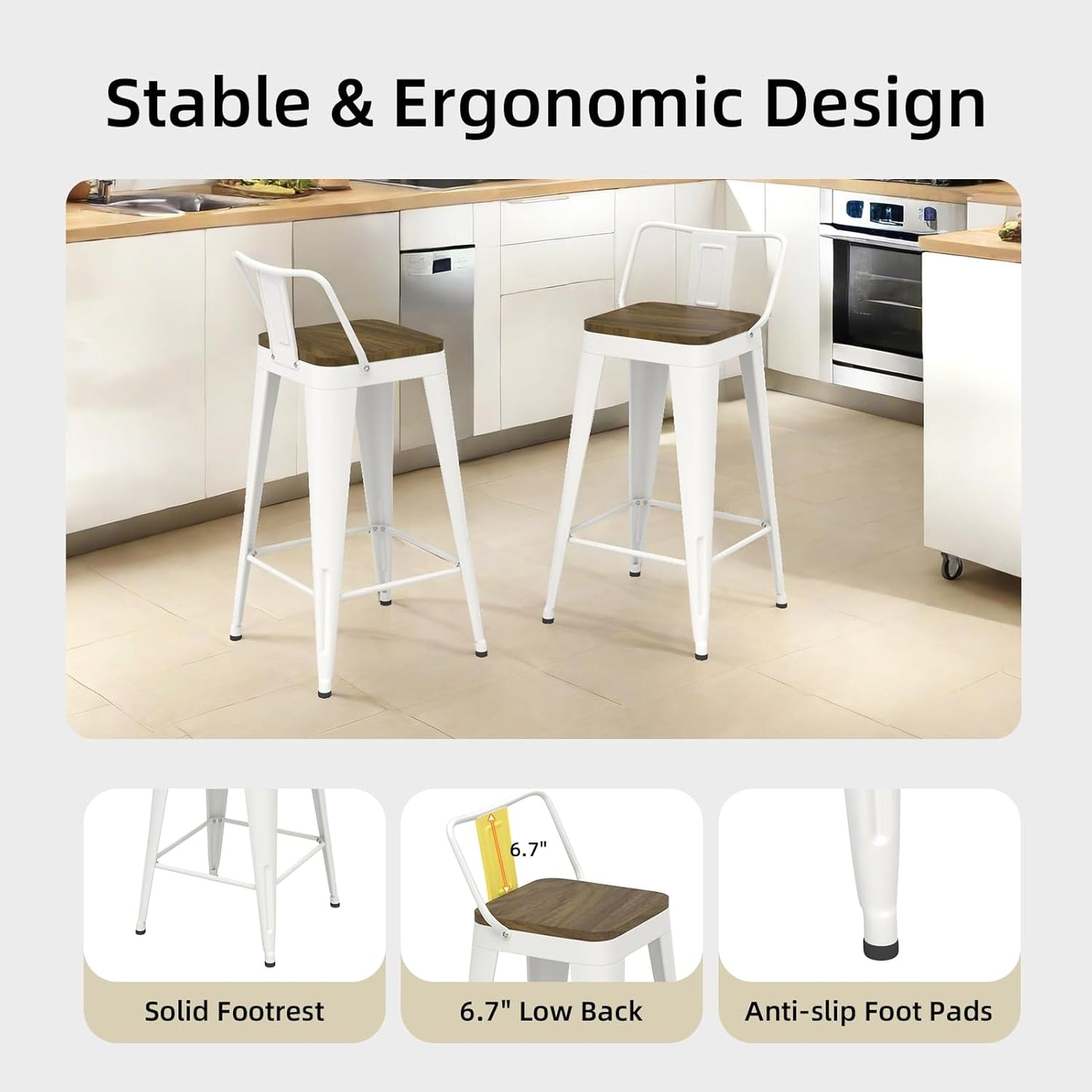 White Bar Stools Set of 4, Metal Bar Stools with Wooden Seat, Modern 30”Counter Height Barstools with Low Back