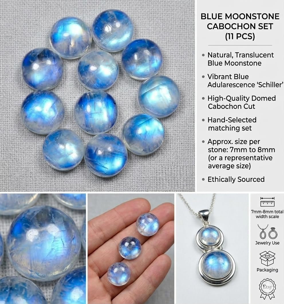 7mm Round Blue Fire AAA Quality Natural Rainbow Moonstone Calibrated Cabochon Loose Gemstone 11 pcs Box.
