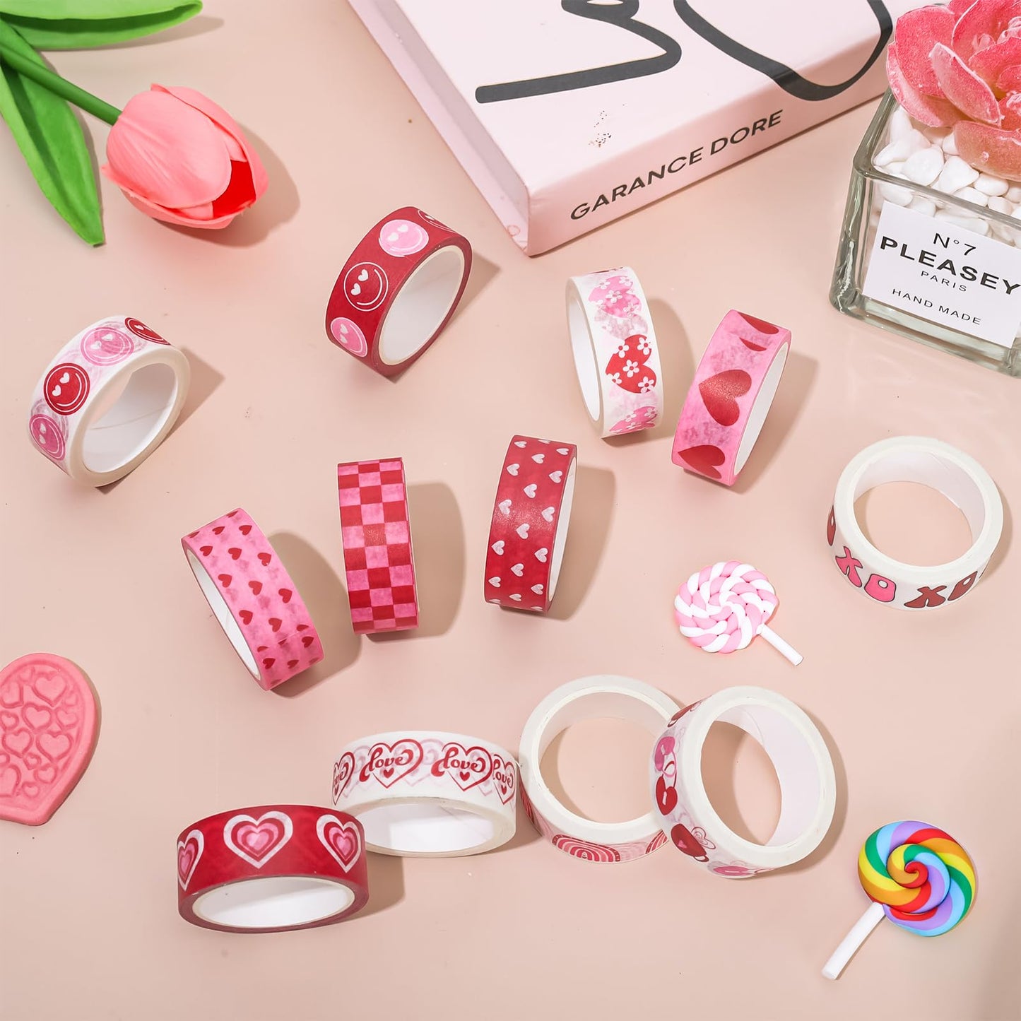 Whaline 12 Rolls Boho Valentine’s Day Washi Tape Rainbow Love Heart Smile Washi Tape Red Pink Masking Decorative Gift Wrapping Paper Tape for DIY Craft Scrapbook Journal Party Supplies