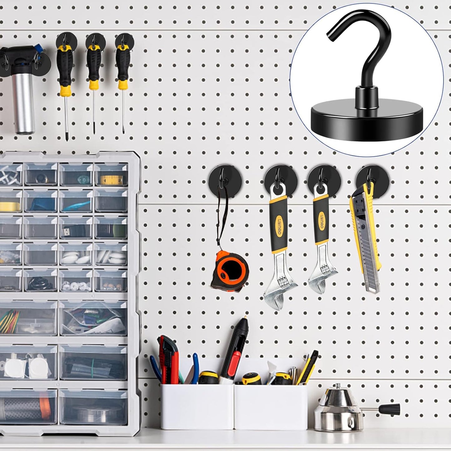 LOVIMAG Black Magnetic Hooks Heavy Duty, 120Lbs Strong Neodymium Magnet Hooks with Epoxy Coating for Home, Kitchen, Workplace, Office etc-2 Pack