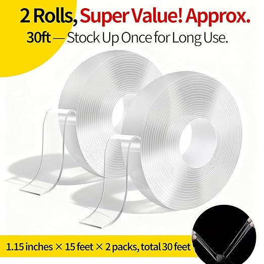 2 Rolls Heavy Duty Double Sided Mounting Tape - 1.2 Inches Wide, 0.07 Inches Thick, 15FT/Roll - Removable, Residue-Free for Home/Office/Outdoor