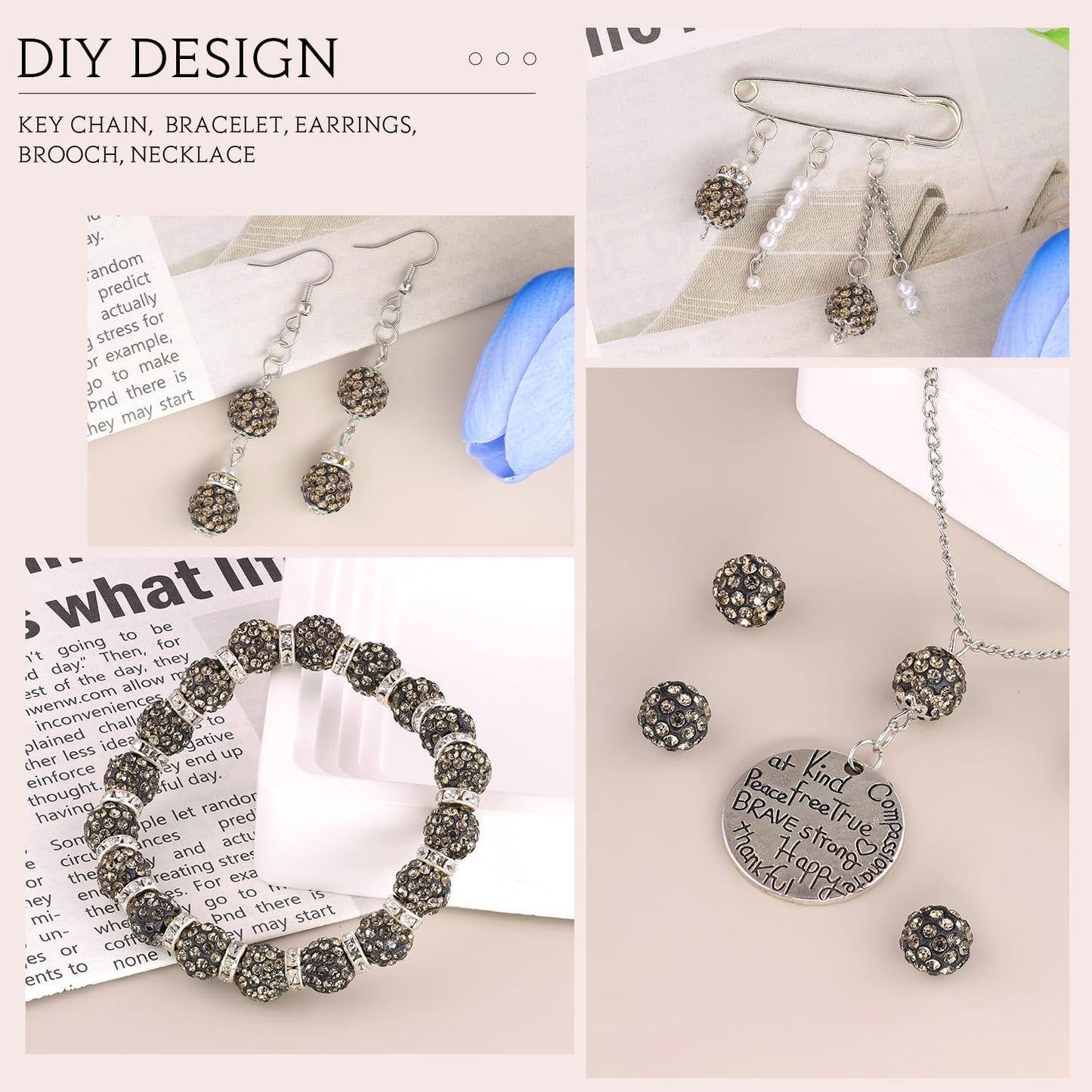 150pcs 10mm Rhinestone Beads for Jewelry Making, Gray Shiny Round Shamballa Disco Ball Beads Bulk, Sparkle Crystal Clay Christmas for Bracelet Baseball Necklace Earring Crafting and DIY