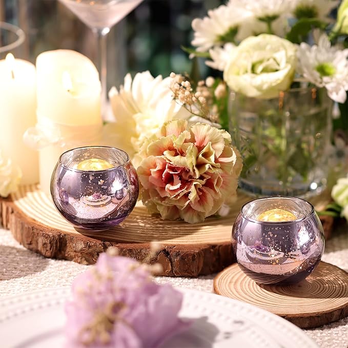Volens Round Purple Votive Candle Holders Set of 12, Purple Wedding Centerpiece Table Decorations, Mercury Glass Tealight Candle Holder for Bridal Shower, Baby Shower & Home Decor