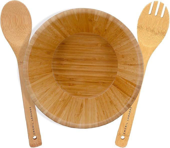 Emeril Lagasse 3-Piece Bamboo Salad Bowl Set with Utensils, 10-Inch Bowl, Eco-Friendly and Durable