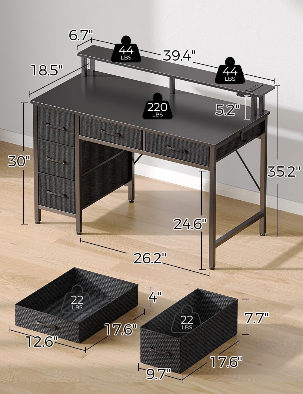 Seventable Computer Desk with Power Outlets & LED Light, 39 inch Home Office Desk with 5 Drawers, Writing Desk with Monitor Stand,Work Desk for Home Office, Black