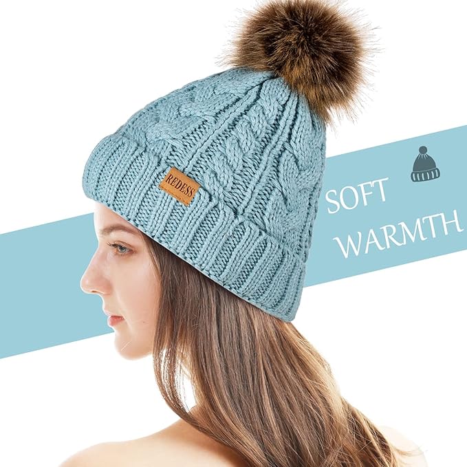 REDESS Women Winter Pompom Beanie Hat with Warm Fleece Lined, Thick Slouchy Snow Knit Skull Ski Cap