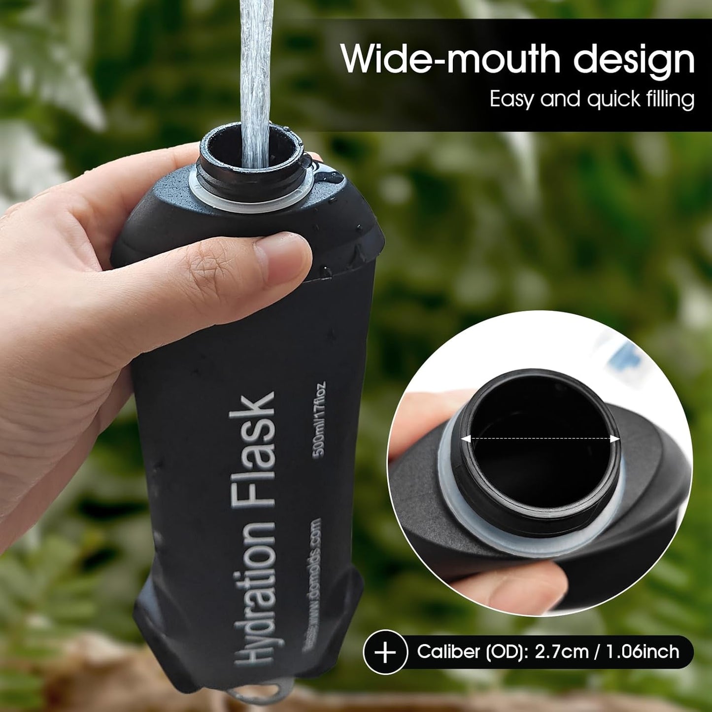 GYGYL Soft Flask, TPU Collapsible Soft Water Bottle for Hydration Pack, Running Vest, Leak-Proof Folding Water Bottle for Hiking Cycling Climbing Jogging-500ml Black, 2pcs