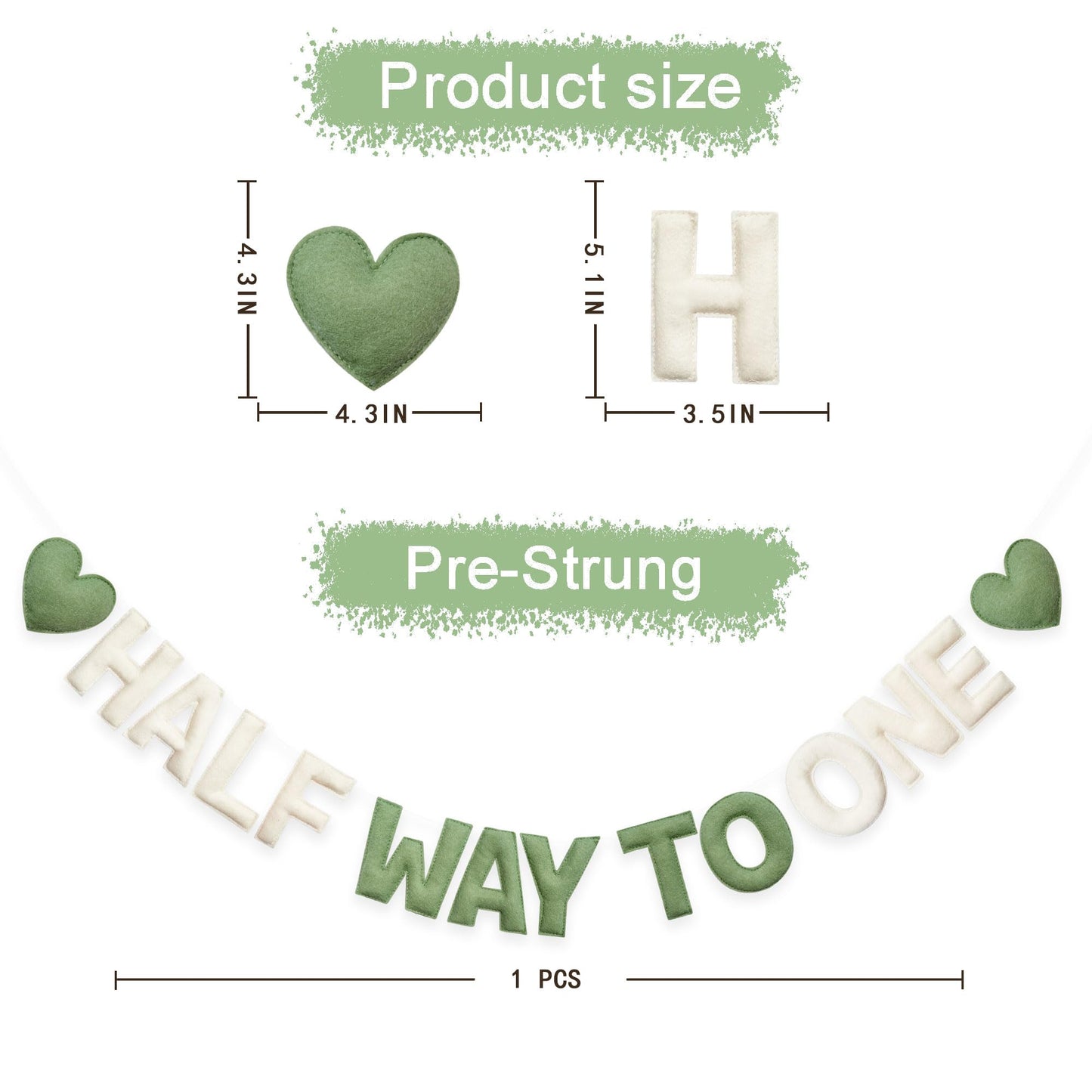 Sage Green Heart 1/2 Way to One Birthday Decoration Pre-Strung Handmade Felt Half Way To One Sign Banner for 6 Months Birthday Baby Boy Girl Neutral Decorations Party Nursery Home Wall Fireplace Decor