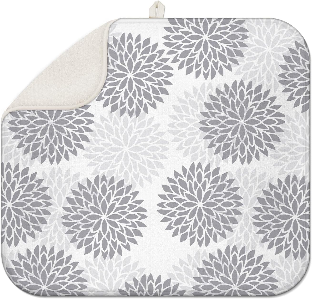 Boho Floral Spring Small Dish Drying Mat for Kitchen Counter 16''x18''Microfiber Absorbent - Foldable, Quick-Dry, Non-Slip, Compact Kitchen Drying Pad for Dishes, Countertops, and Cookware