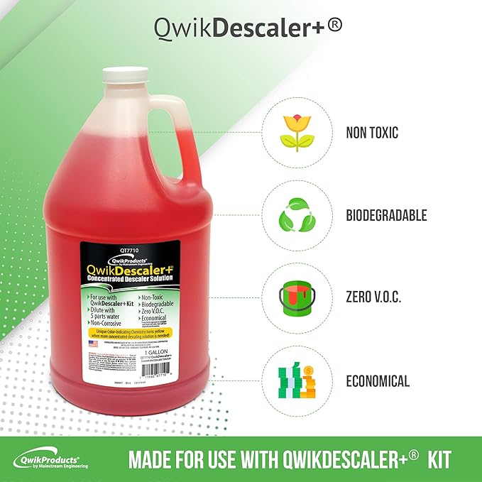 QwikDescaler + Concentrated Descaler Solution, Tankless Water Heater Descaling Solvent for Heat Exchanger, Quickly Dissolves Scale, Lime, Tarnish and Deposits, 1 Gallon