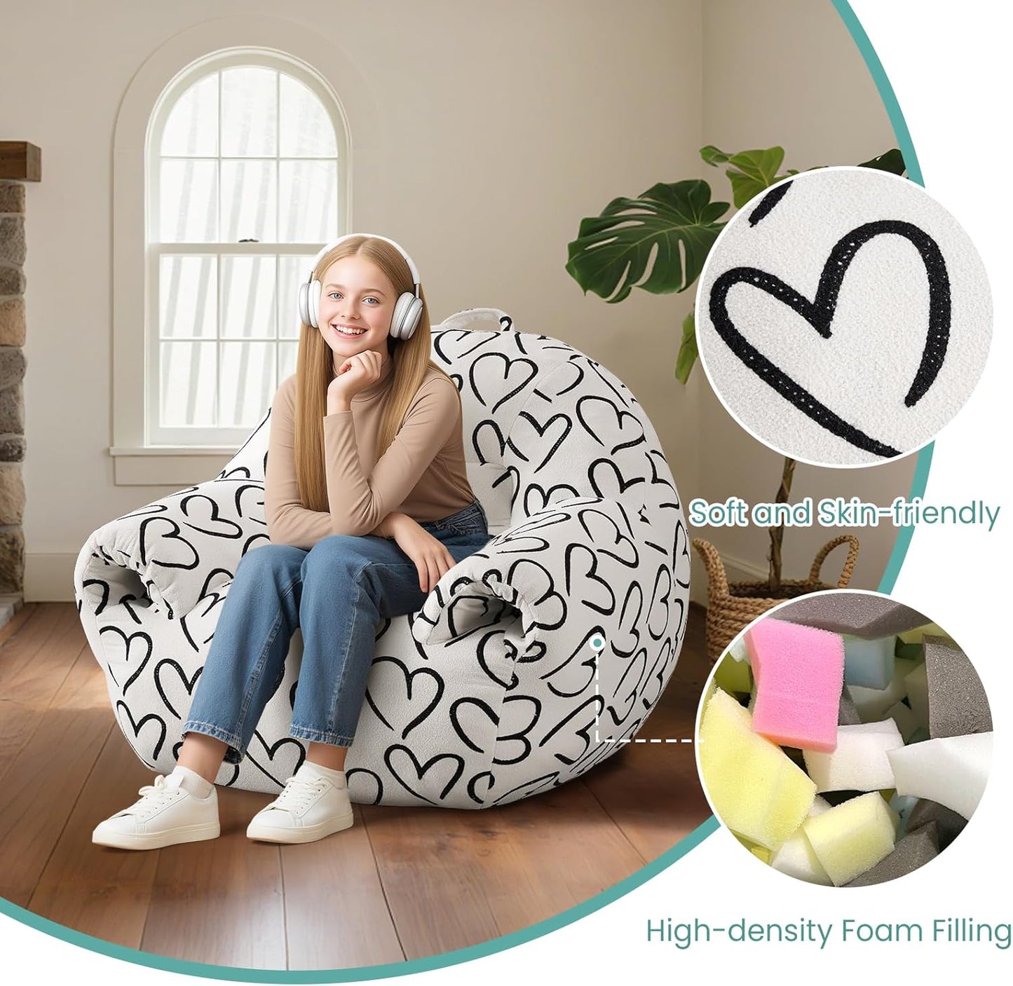 DAICO Bean Bag Chairs for Adults, Comfy Bean Bag Sofa Chair with Handle, Single Lazy Floor Sofas Accent Chair with Foam Bean Bag Couch for Living Room Bedroom Reading Gaming, White Cordate