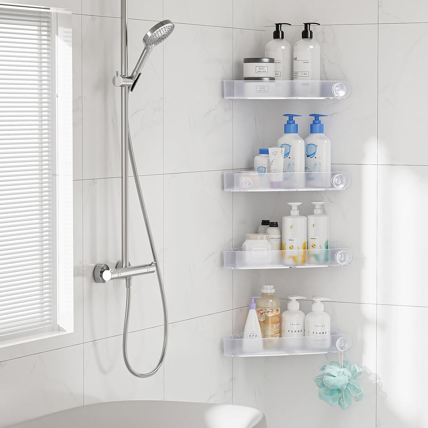 Sotfamily Shower Caddy Corner, 4 Pack Adhesive Corner Shower Shelves for Bathroom Organizers and Storage, Rust Free Plastic Rack for Bathroom Accessories & Decor, Crystal