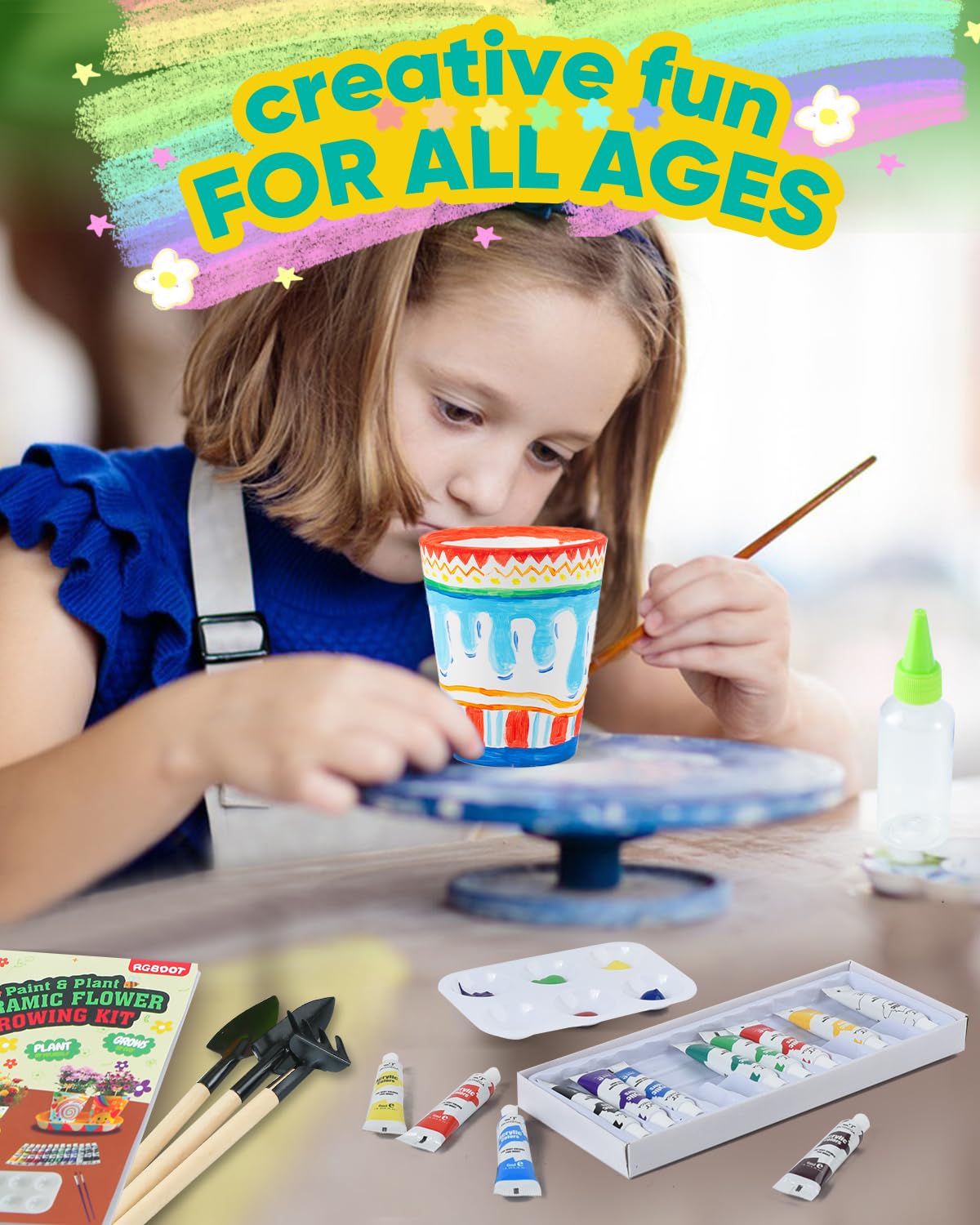 RGBDOT Kids Gardening Set Paint and Plant Stoneware Flower Gardening Kit with 4 Pots Arts and Crafts for Kids Ages 8-12 Best Children’s Day Gift for Girls Boys Ages 5 6 7 8 9 10