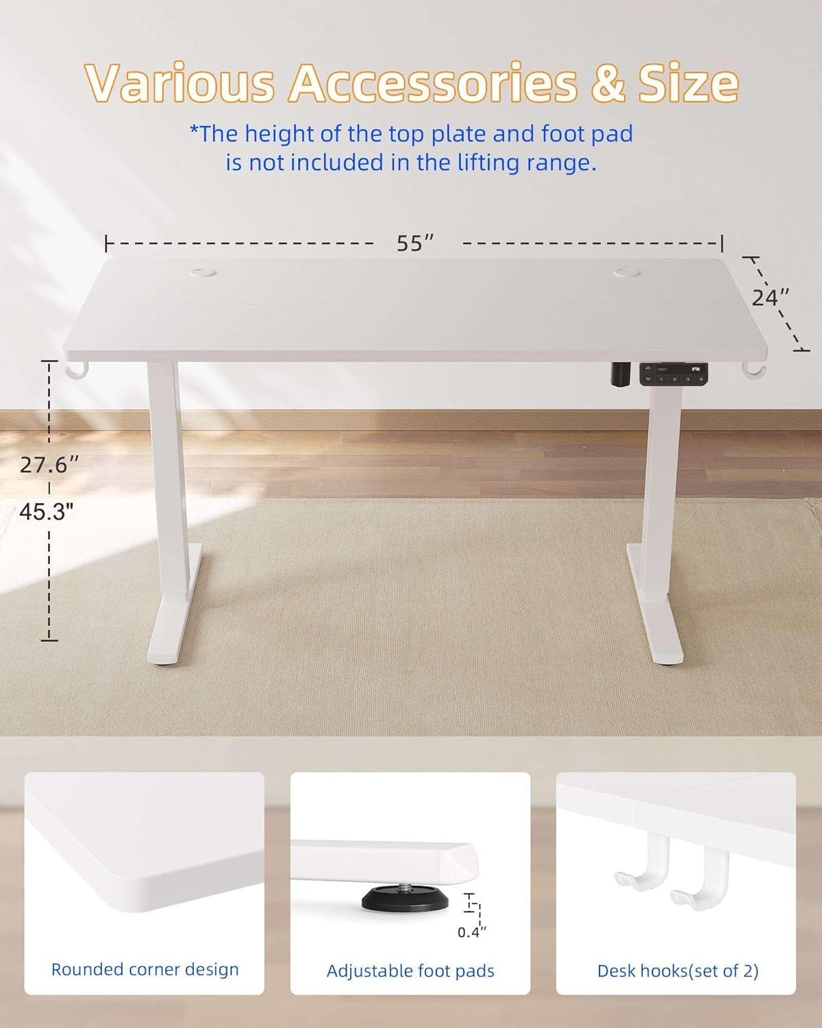 YIHAYO Electric Standing Desk, 55 x 24 Inches Stand Up Desk with Splice Board, Adjustable Height Desk, Computer Desk for Home Office, White Frame/White Top