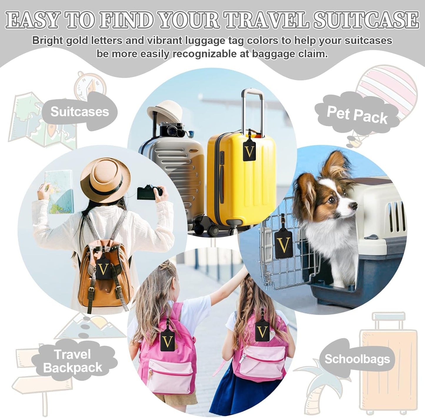 Personalized Initial Luggage Tags for Suitcase TSA Approved, Black Leather Cute Luggage Tag with Privacy Cover Name Card, Embroidered Custom Luggage Tags Travel Backpack Tags Gifts for Women Kids(V)