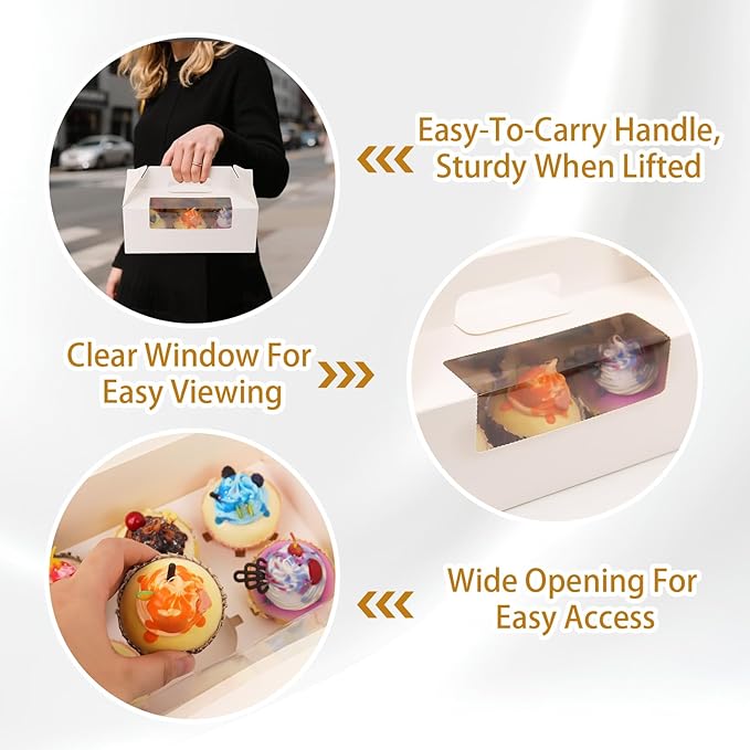 FORBFAN 6 Count Cupcake Boxes, 50 Pack Cupcake Containers with Handle, Window, and Inserts – Holds 300 Standard Cupcakes, Food-Grade Gable Boxes for Muffins, Cakes, and Party Desserts