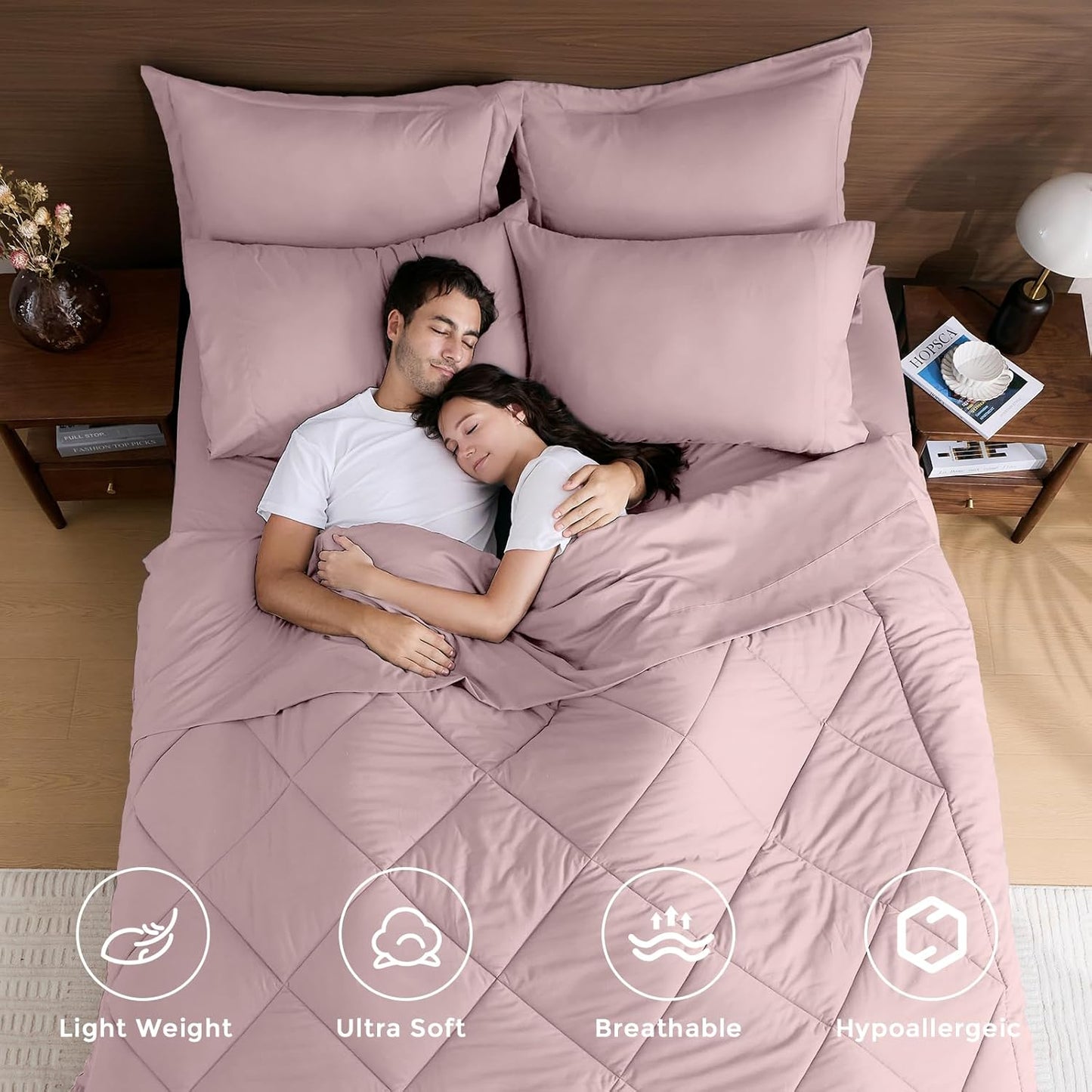 HEVUMYI Rose Gold Queen Comforter Set - 7-Piece All Season Bed in a Bag Queen, Ultra Soft Bedding Set with Comforter, Flat Sheet, Fitted Sheet, Pillowcases, Pillow Shams
