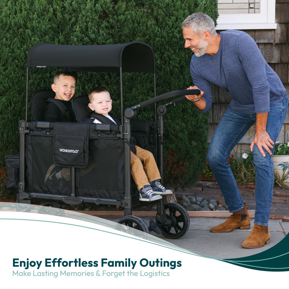WonderFold W2 Elite Pro Stroller Wagon - Foldable Wagon with Aluminum Frame - Adjustable Canopy & Push Handle - All-Terrain Wheels - for Babies, Toddlers & Kids - 4 Seater - Gray