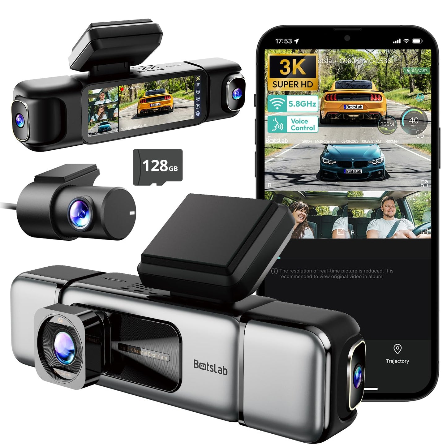 BOTSLAB 3K 4 Channel Dash Cam, 560 All-Sides View, Front and Rear Inside Car Camera with 3.18   Touch Screen, Dash Camera 24/7 P