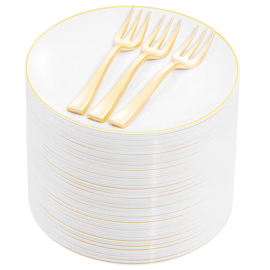 Festiva 200Pcs Gold Dessert Plates 6.3" with Forks 5"- Small Disposable Dessert/Appetize/Cake Plates Plates- serve 100 guests include 100Plates 100Forks for Wedding &Birthday Party & Outdoor