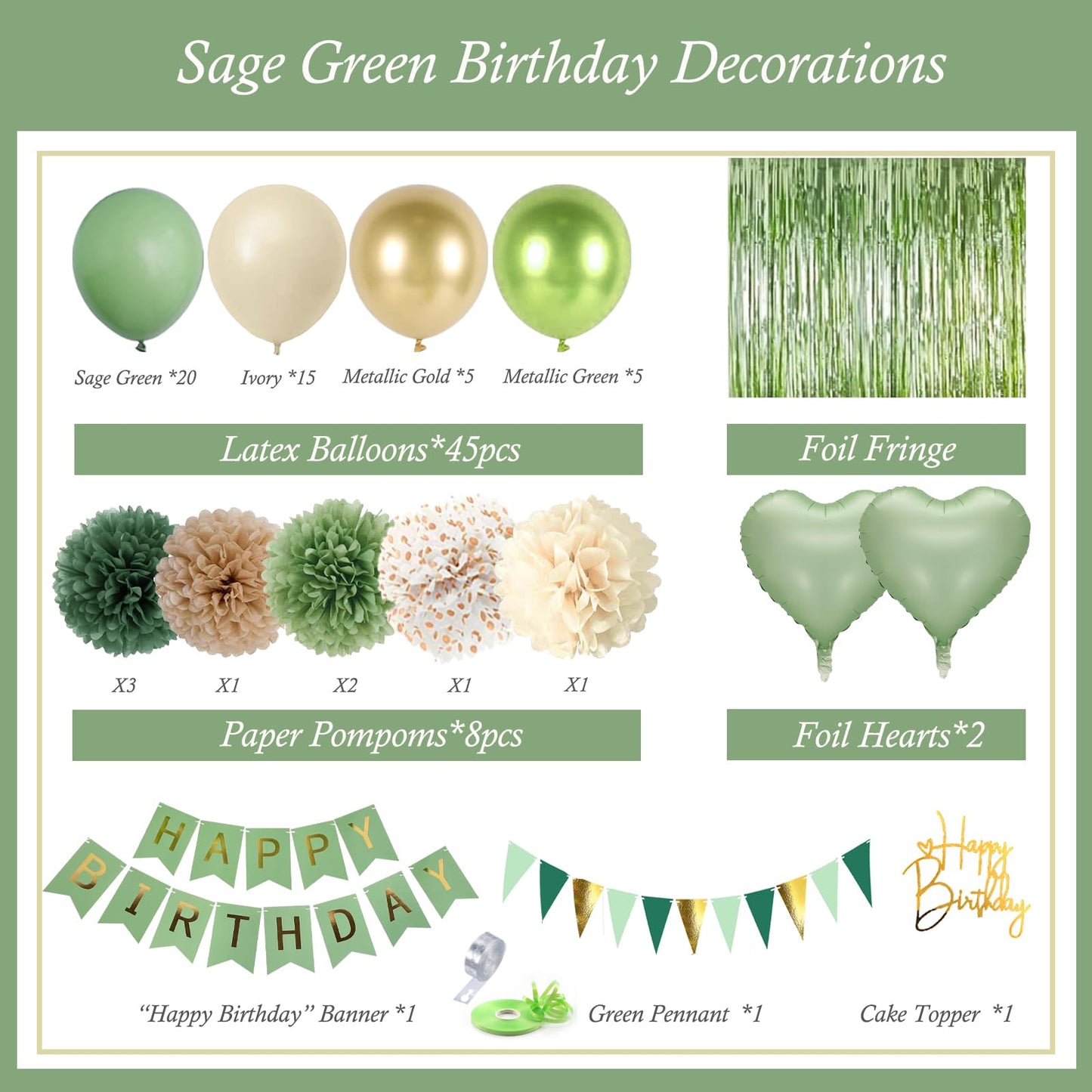 Sage Green Birthday Decorations, Birthday Party Décor, Gold Green Balloons Olive Happy Birthday Banner Fringe Curtain Background, Neutral Decorations for Women Men