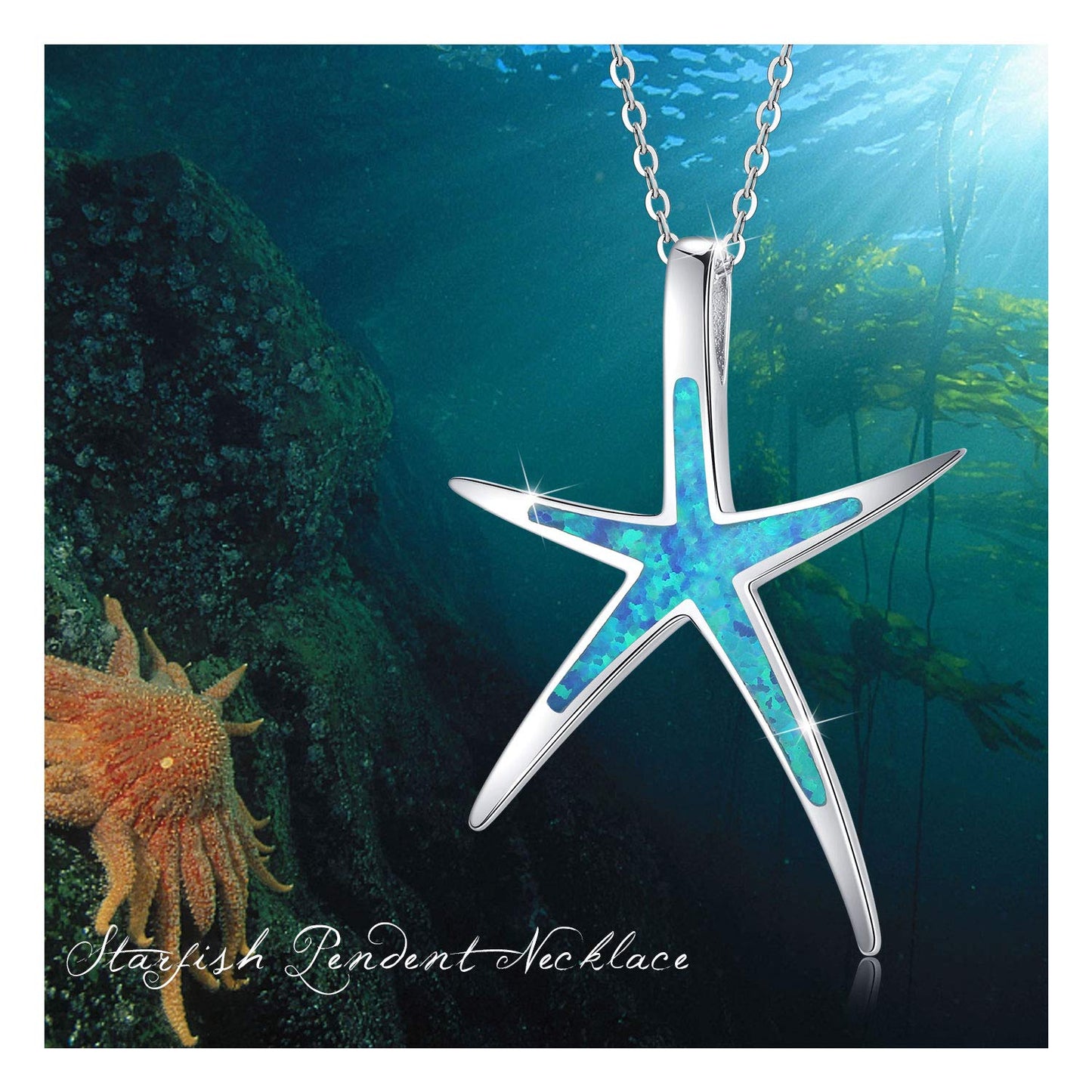 Cuoka Starfish Necklace, 925 Sterling Silver with Blue Opal, Hawaiian Beach Nautical Ocean Pendant, Starfish Jewelry Opal Jewelry for Women Girlfriend