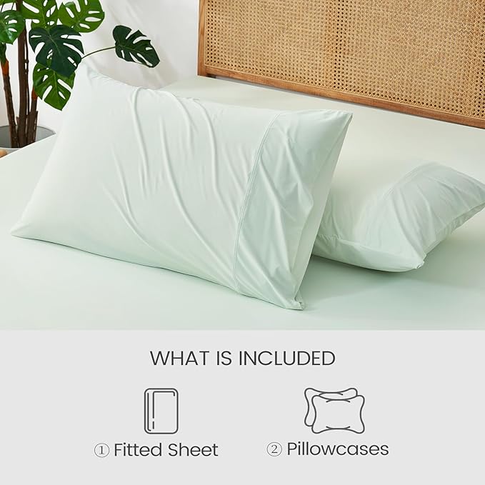 Cozy Bliss Premium Cooling Sheet Set King Size, Q-Max>0.4, 3PCS No Flat Sheet with 2 Pillowcases, Breathable Fitted Sheet for Hot Sleepers & Night Sweats, Deep Pocket Up to 18 Inches, Light Mint Green