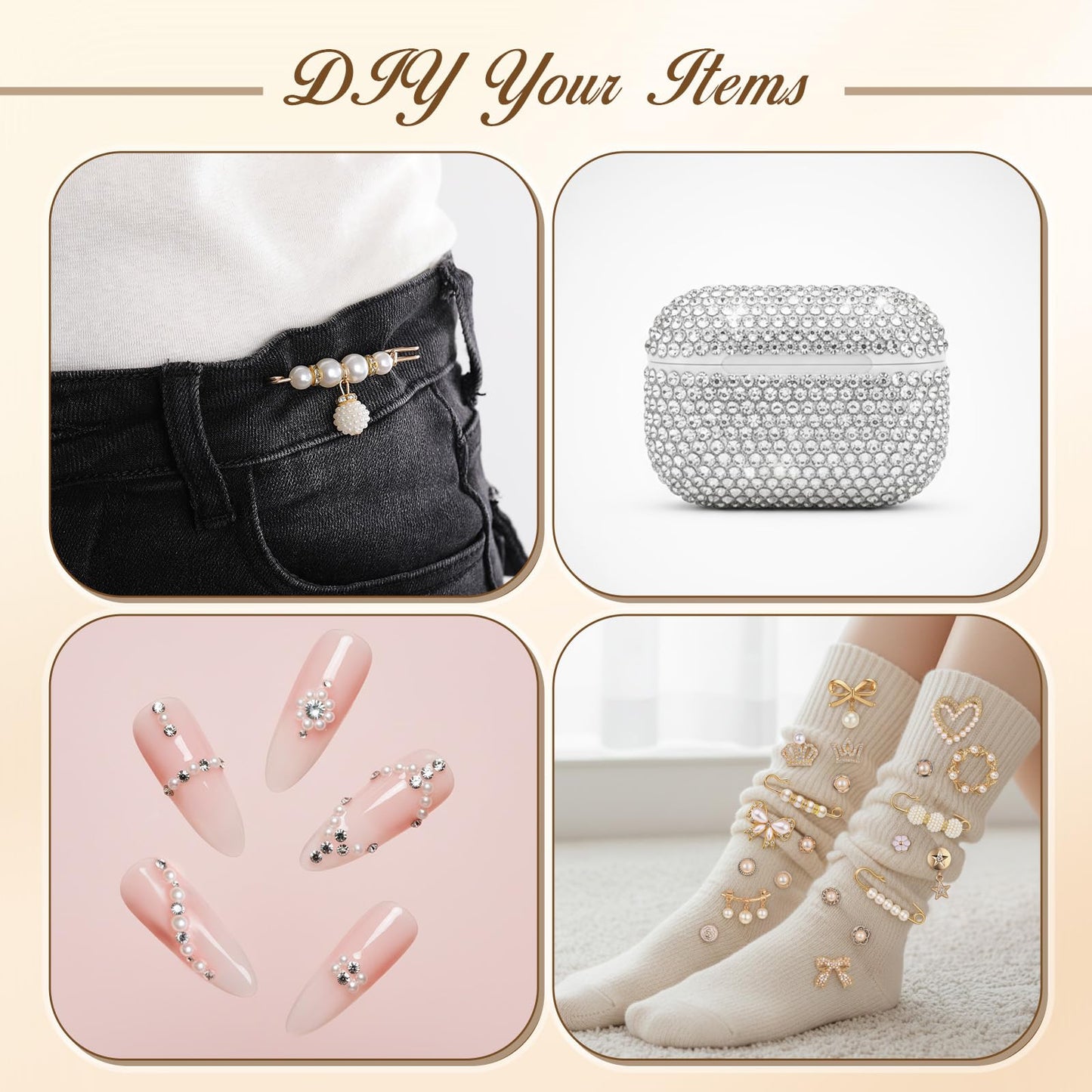 Suncalla 1499 Pcs Junk Socks Charms Kit Gold Brooches and Pins for Women, Pearl Patch Rhinestone Charms with Safety Pins DIY Accessories for Socks Dress Clothes Hats Shoes Scarf Shawl Decoration