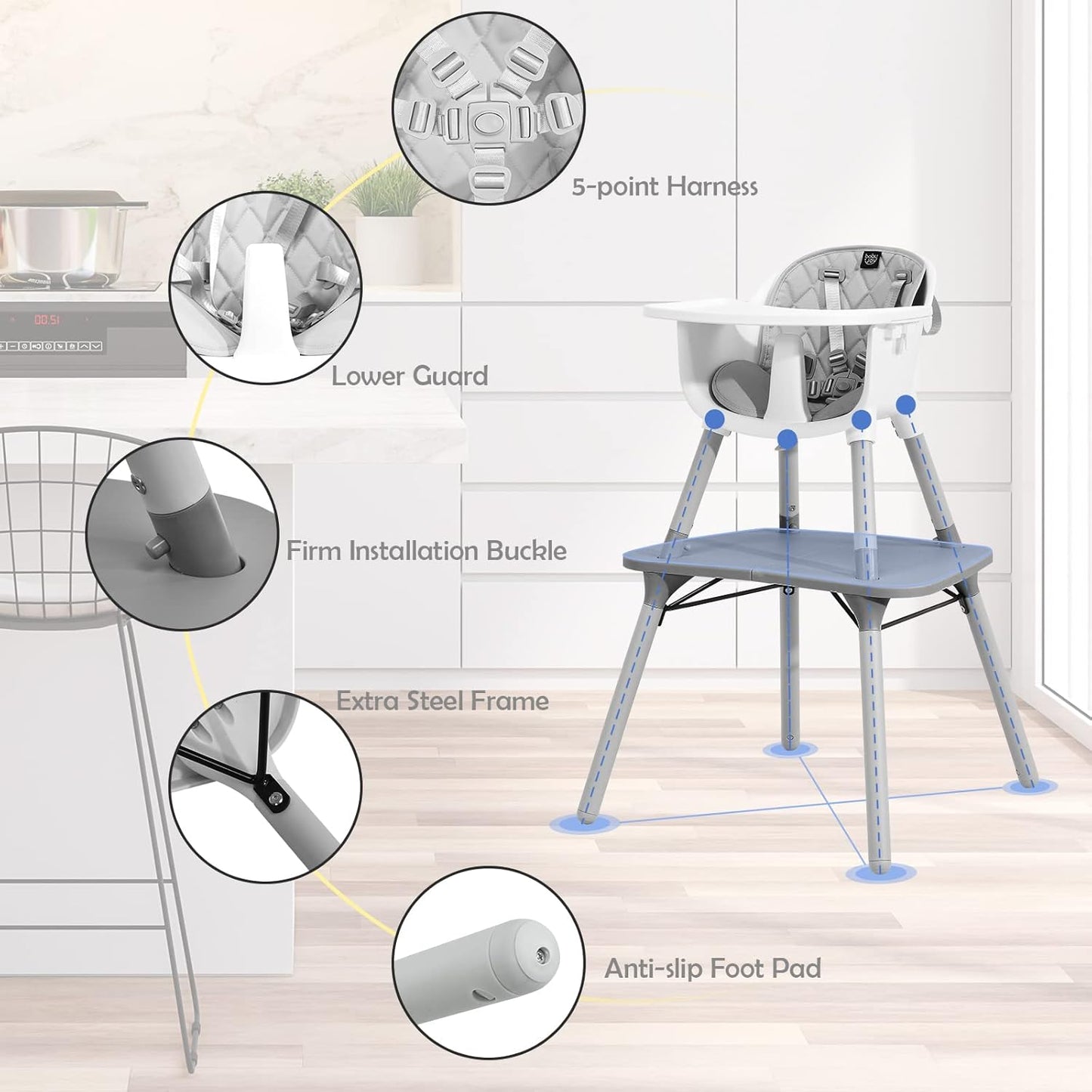 HONEY JOY 5-in-1 High Chair, Convertible Highchair for Babies and Toddlers/Kids Chair Table Set/Infant Feeding Chair w/Safety Harness, PU Leather Cushion & Removable Food Tray (Gray)