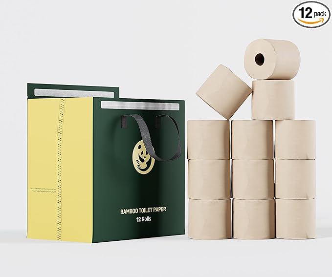 Bamboo Toilet Paper 12 Rolls, Resuable Packaging,New Plastic-Free,3 ply, Septic Safe,Unbleached Brown,Chemical Free,Tree-Free,Soft and Absorbent,Bathroom Tissue Rolls