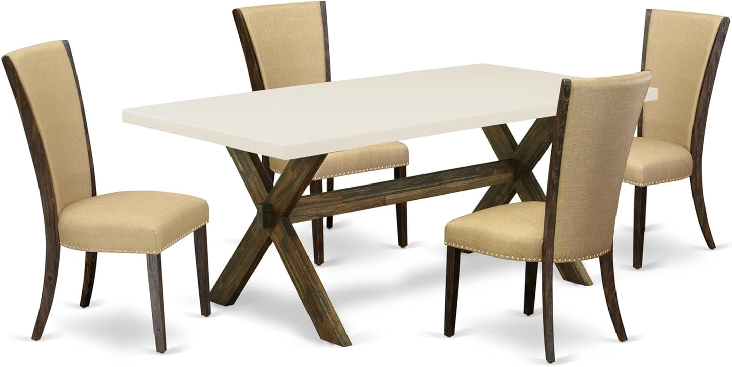 East West Furniture X727VE703-5 5 Piece Dinette Set for 4 Includes a Rectangle Dining Room Table with X-Legs and 4 Brown Linen Fabric Upholstered Parson Chairs, 40x72 Inch, Multi-Color