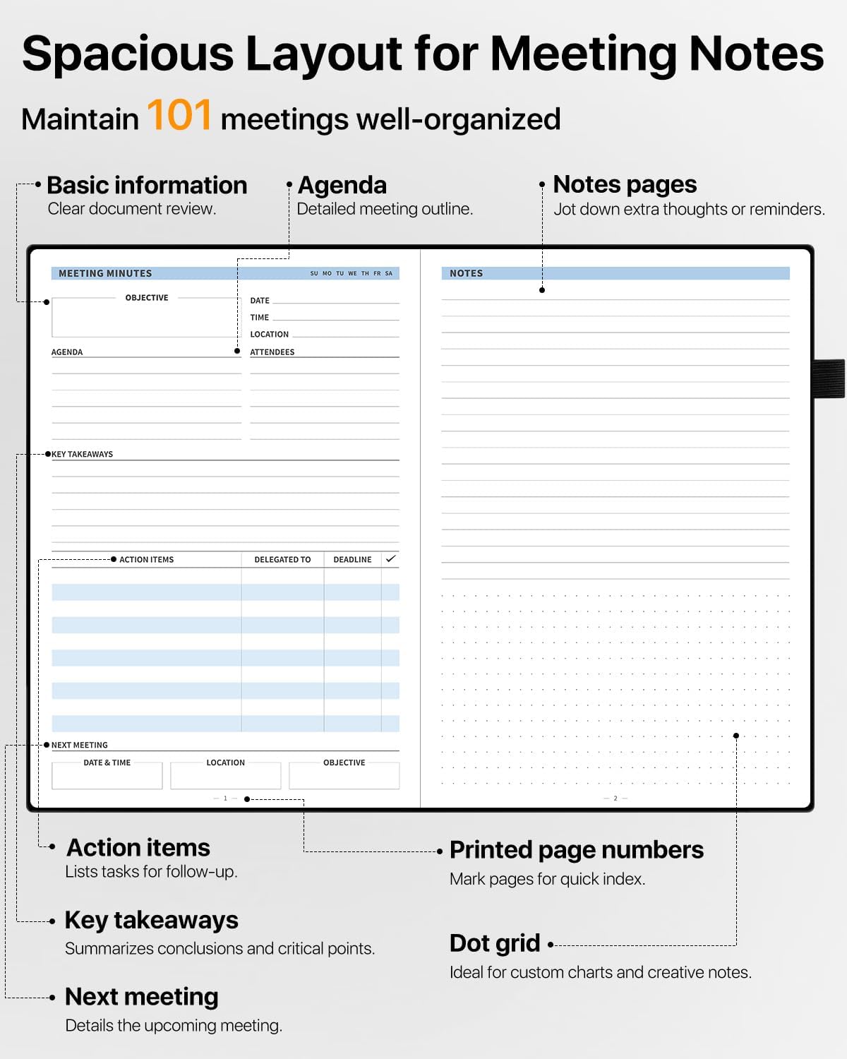 WEMATE Meeting Notebook for Work, Work Planner Notebook With Action Items, B5 Size Project Planner, Easily Take Meeting Notes & Keep Agendas on Track, Calender, Index Page, Inner Pocket, 7×10 Inch, Black