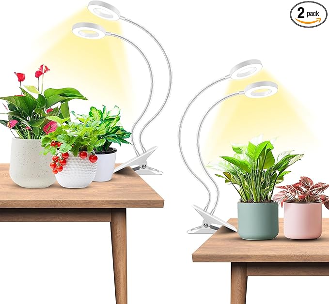 Wiaxulay Grow Light, Full Spectrum Halo Clip Plant Light, 192 LEDs Growing Lamp with Gooseneck, Auto Timer 6/12/16 Hrs, 3 Lighting Mode, 5 Brightness Levels for Seedlings Succulents, 2 Pack (3.5in)