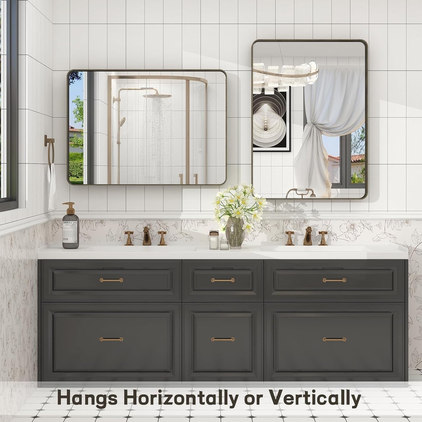 24x32 Inch Bronze Framed Bathroom Mirror, Brushed Bronze Metal Vanity Mirror, Bronze Rectangle Wall Mirror, Rounded Corner, Tempered Glass, Anti-Rust, Shatterproof (Horizontal/Vertical)