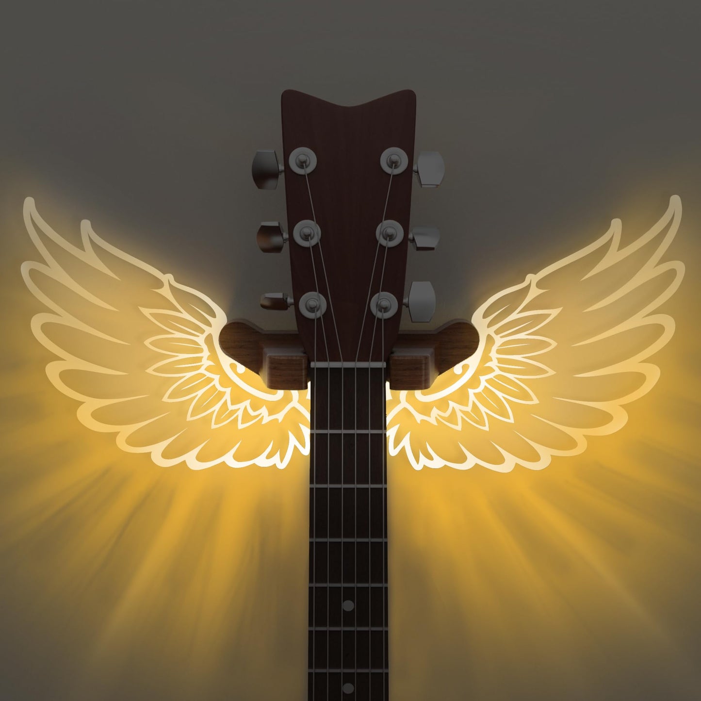 CoolGift Mart Guitar Stand Wall Mount with Luminous Angel Wings, Acrylic Wooden Guitar Hanger Shelf with USB Powered, for Acoust
