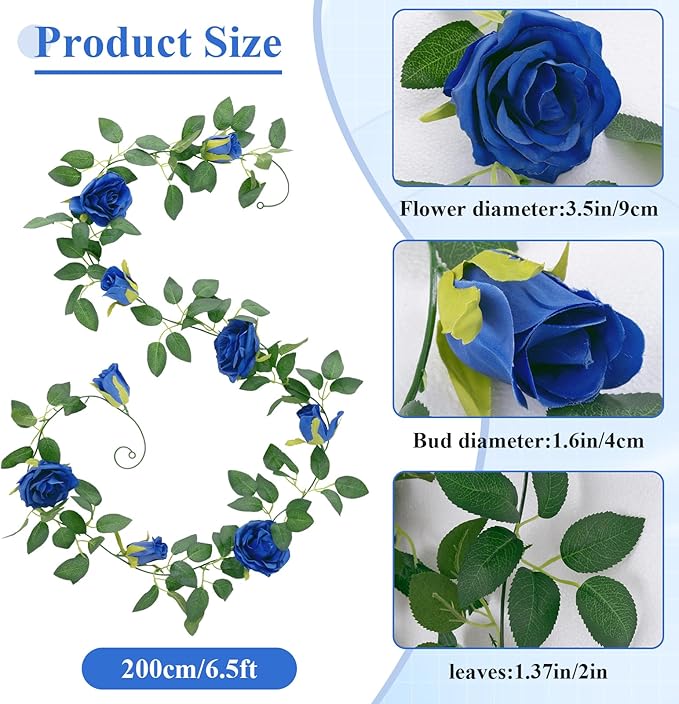 U'Artlines 5 Pack Artificial Royal Blue Rose Vines Floral Garlands Total 32.5 Ft Fake Vine Silk Flower Garland for Indoor Outdoor Home Wedding Arch Garden Wall Decoration