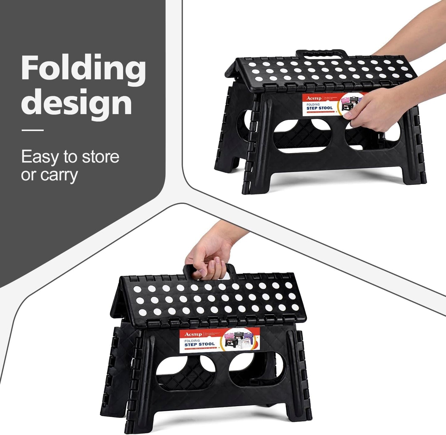 ACSTEP Folding Step Stool, 15-Inch Extra Wide 9Inch Height Heavy Duty Stepping Stool More Safe and Comfortable Non Slip Foldable Step Stool for Kids and Adults Black, 10 Pack