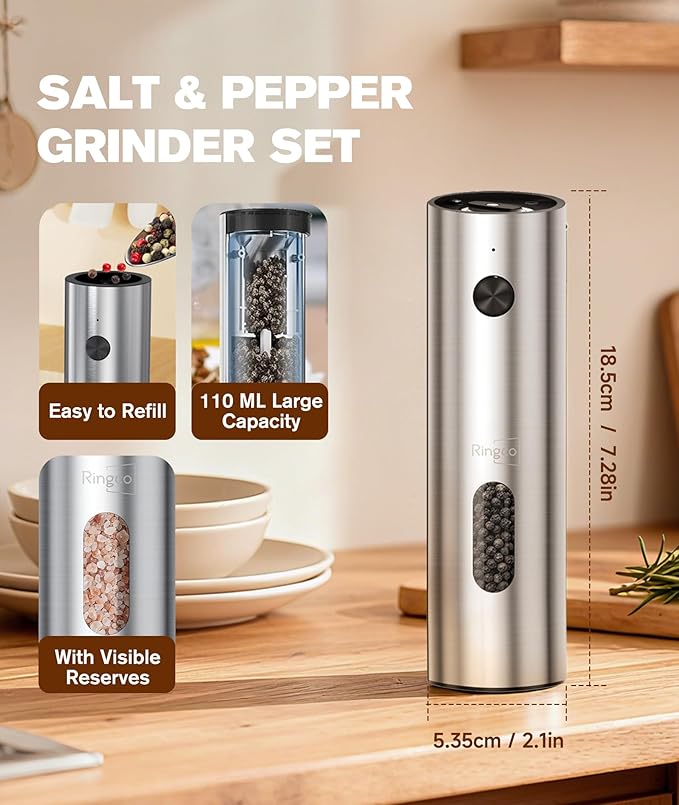 Ringco Electric Salt and Pepper Grinder Set with Charging Base, Rechargeable Salt and Pepper Mill with Adjustable Coarseness, LED Light, 110ml Large Capacity for Kitchen, Outdoors, Christmas Gift
