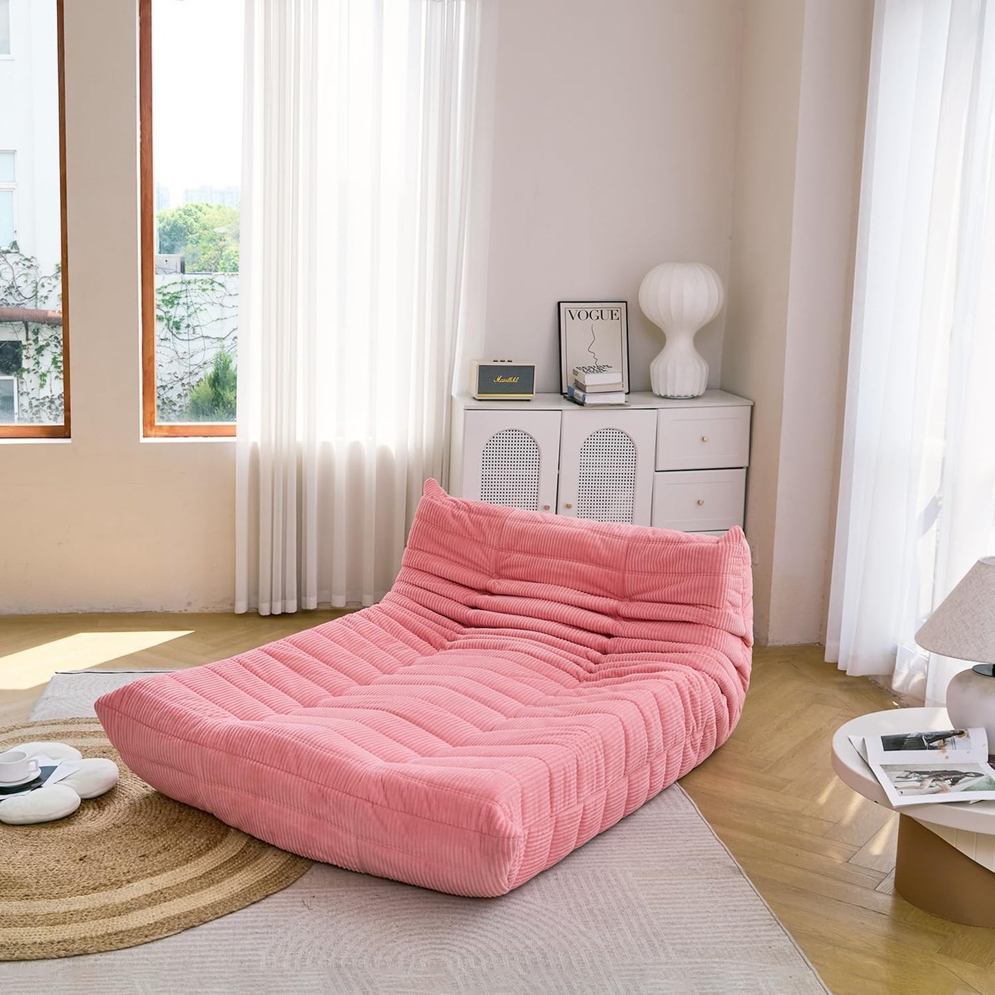 N&V Fireside Lounge Chaise Chair, Mid Century Armless Floor Lounger Sofa, Soft Premium Corduroy Floor Lounge Chair, Foam Sofa Accent Lounger for Living Room Bedroom and Office, Salmon