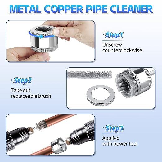 Boltigen 8mm Hex Shank Copper Pipe Cleaner Set, 1/2'',3/4'',1'' Copper Tube Cleaning for Drill with Replaceable Cleaner Brush Blades and Pipe Brushes