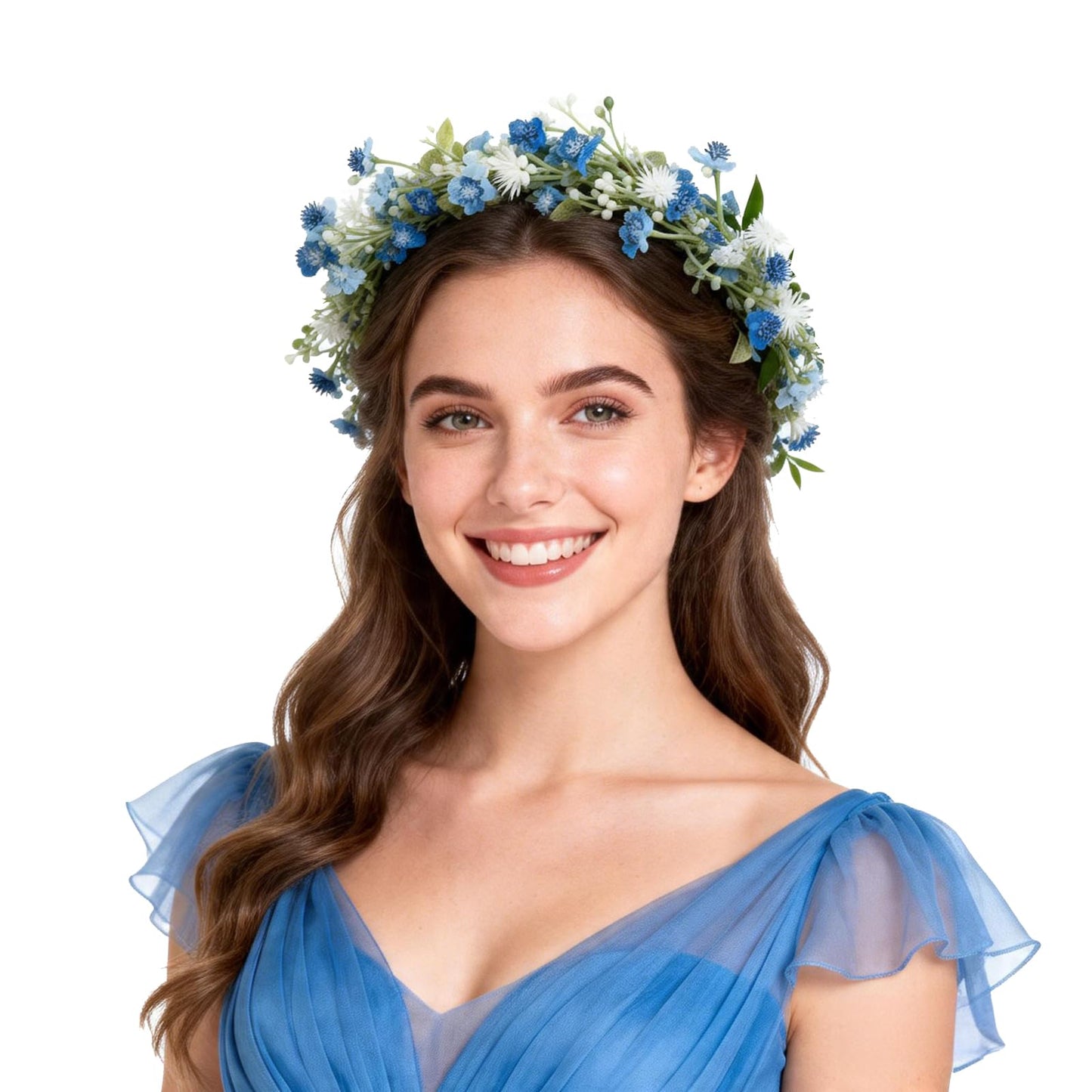 June Bloomy Bridal Flower Crown Women Rose Floral Headband Maternity Photo Prop Baby Shower Leaf Hair Wreath (B-Blue)