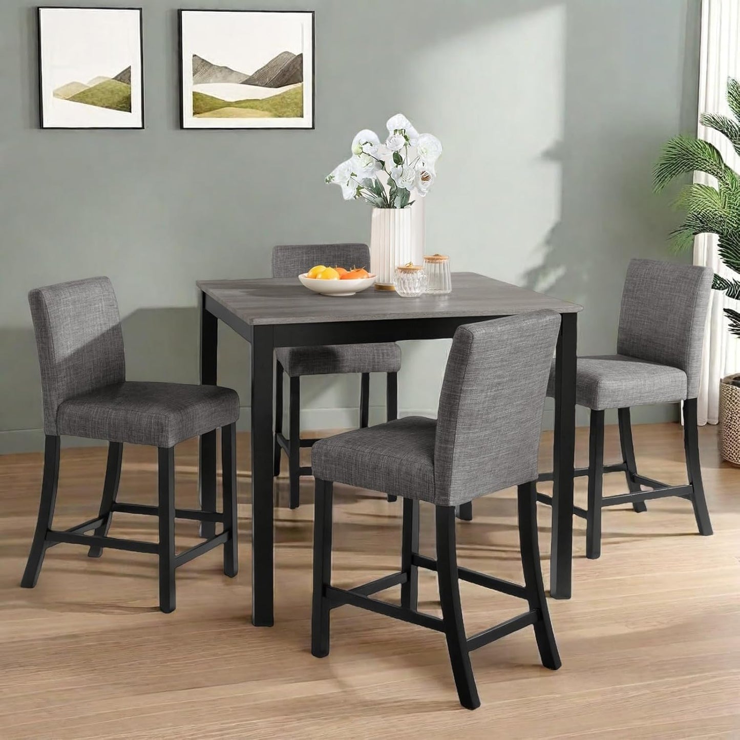 Dining Table Set for 4, 5-Piece Kitchen Table & Chairs Set with Square Wooden Table & 4 Upholstered Chairs, 35.5'' Dinner Set with Solid Wood Legs & Curved Backrest for Kitchen, Black