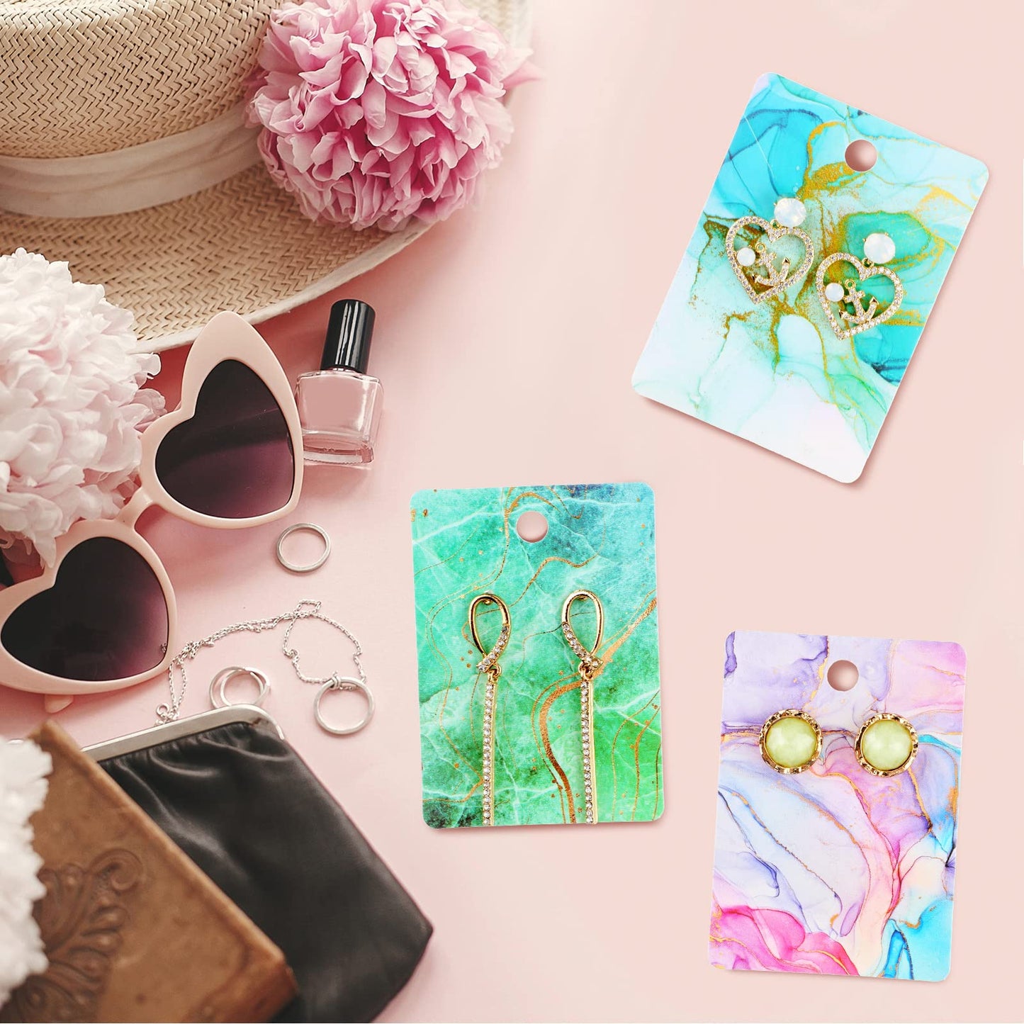 900 Pcs Marble Earring Necklace Display Card Holder for Selling, 250 Pcs 5 Colors Jewelry Display Cards 150 Pcs Self Seal Bags and 500 Earring Back for Jewelry Packing, 2 x 2.8 Inches (Golden Ripple)