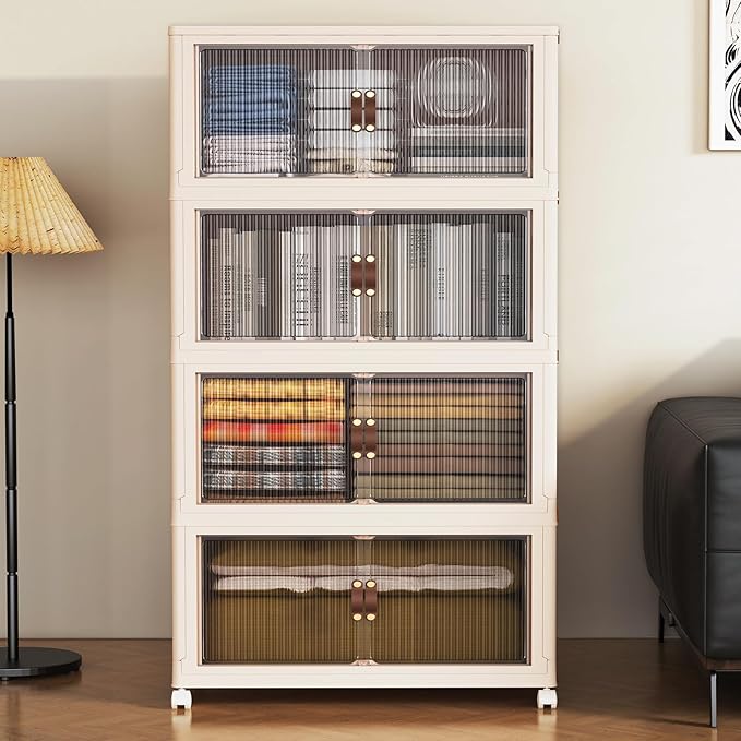 SAILUN 127Gal/508Qt Stackable Storage Bins Folding Collapsible Storage Bins with Lid, Closet Organizers and Storage Box with Door Beige 28" W x 17" D x 61" H