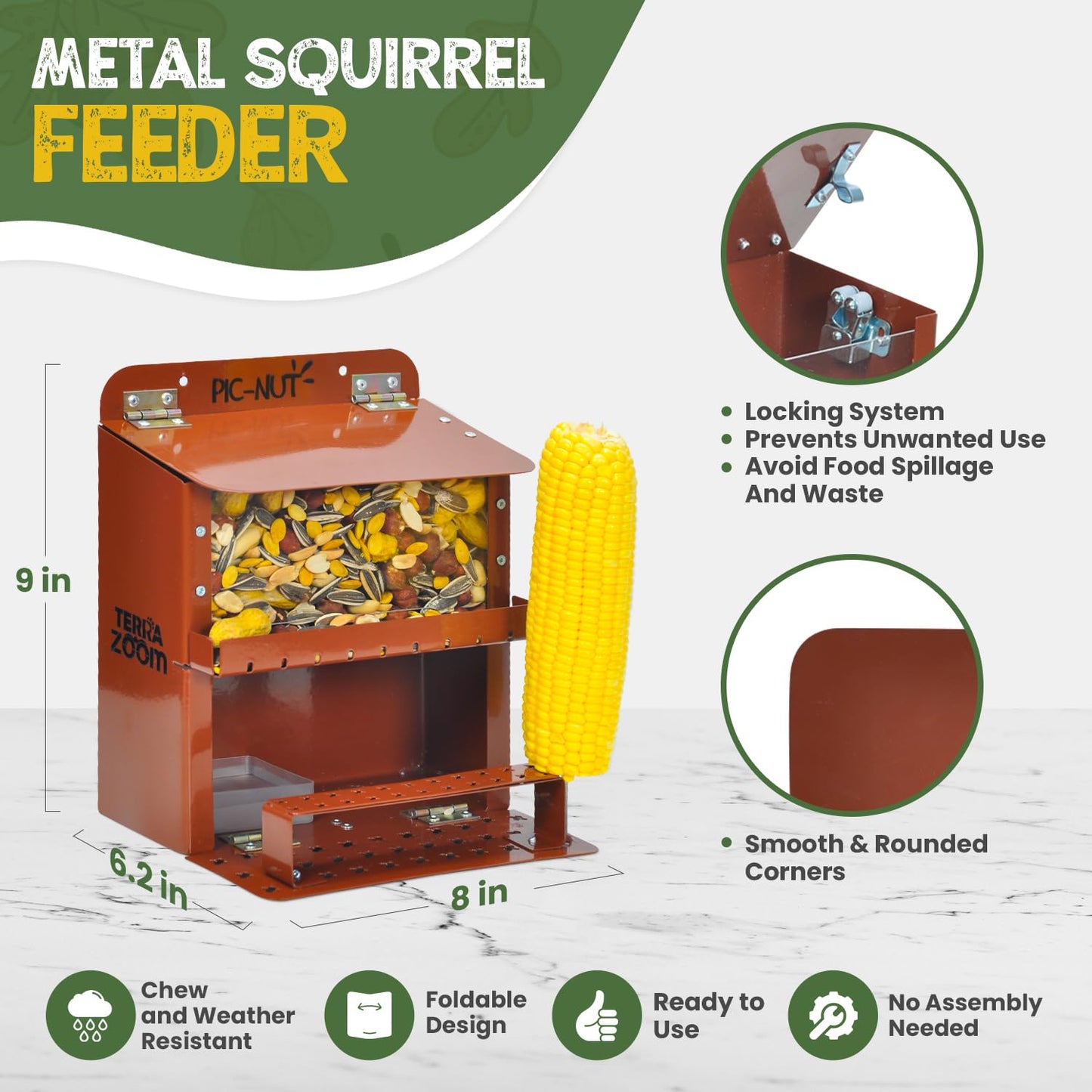 Metal Squirrel Feeder - Avoid Food Moisture and Spilling - Safe, No Assembly Needed - Chew & Weather Resistant - Squirrel Feeders for Outside - Terra Zoom Squirrel Bar - Pic-Nut