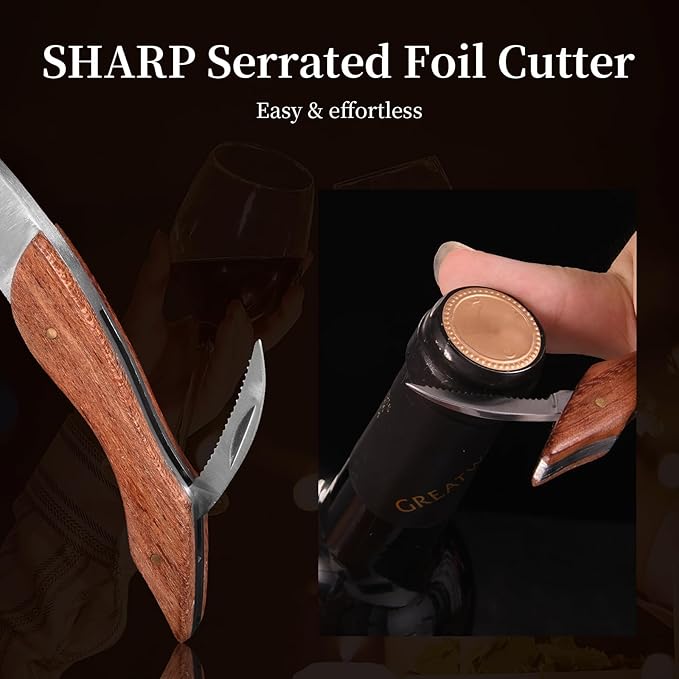 Wine Opener, Wine key, Corkscrew, Wine Bottle Opener w/Foil Cutter and Cap Remover for Servers, Bartenders, Waiters, Sommelier, Wine lover (Grape leaf patterned rosewood, Standard)