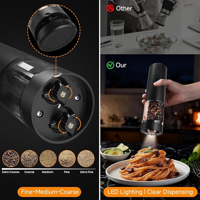 Electric Salt and Pepper Grinder Set Shakers 2 IN 1-Rechargeable Automatic Pepper Mill,with LED Lighting,Adjustable Grinder,Large Capacity-Ideal for Kitchen,BBQ,Ideal Kitchen Gifts (Black)