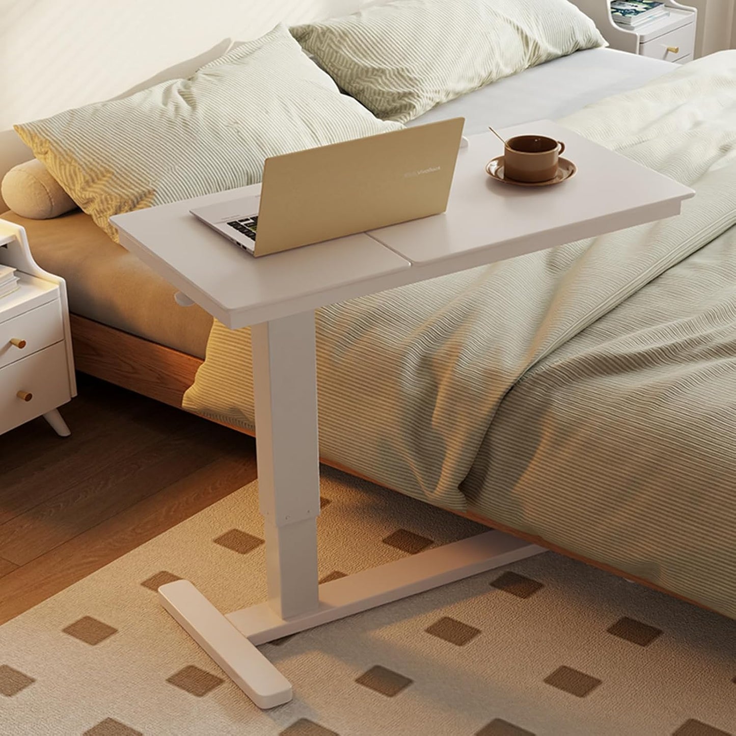 Solid Wood Overbed Bedside Table with Wheels, Adjustable Medical Tilt Top Hospital Bed Table Over The Bed, Rolling Laptop Desk, Mobile Standing Desk for Hospital and Home Use (White)