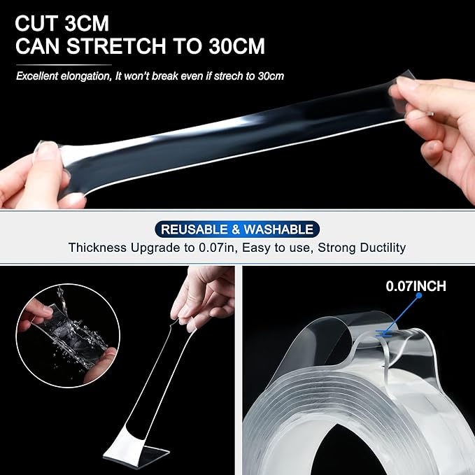 Double Sided Tape Heavy Duty (10FT) Mounting Tape Strong Adhesive Strips Sticky Nano Tape Multipurpose Removable Transparent Two Sided Poster Tape for Paste Items, Household (Pack of 2)
