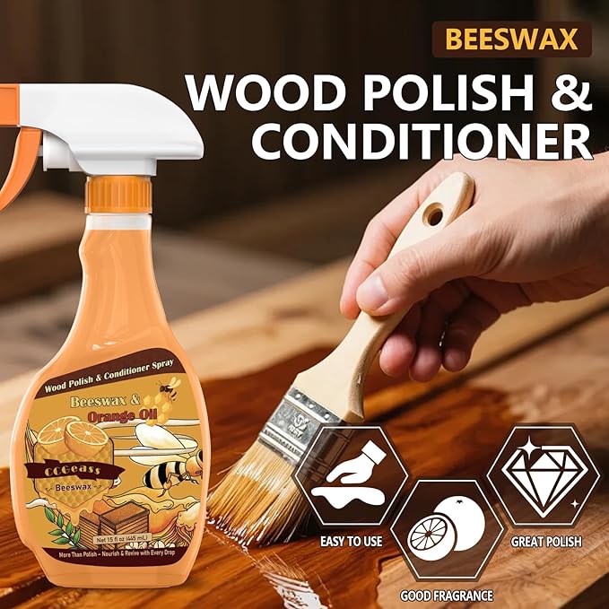 Beeswax Spray Wood Polish Furniture Conditioner & Cleaner – Beeswax and Orange Oil Wood Restorer, Natural Shine Furniture Care Wax for Floors, Cabinets & Tables, 15 Fl Oz